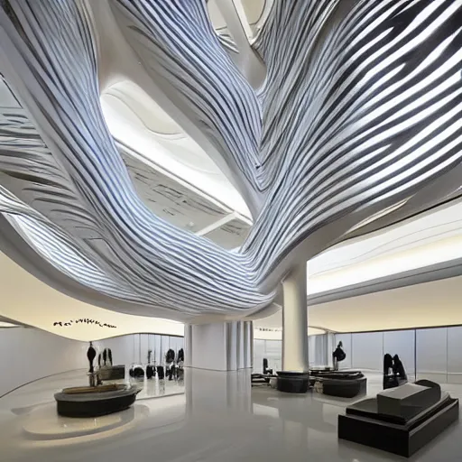 Image similar to extremely elegant detailed stunning beautiful futuristic museum lobby interior by Zaha Hadid