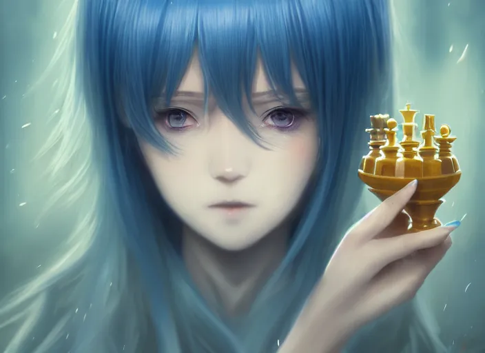 Image similar to rimuru playing chess, with amber eyes of gold color, straight hair, sky blue hair, long bangs, high collar, concept art, award winning photography, digital painting, cinematic, by wlop, anime key visual, wlop, 8 k, by ross tran, tom bagshaw, andy warhol