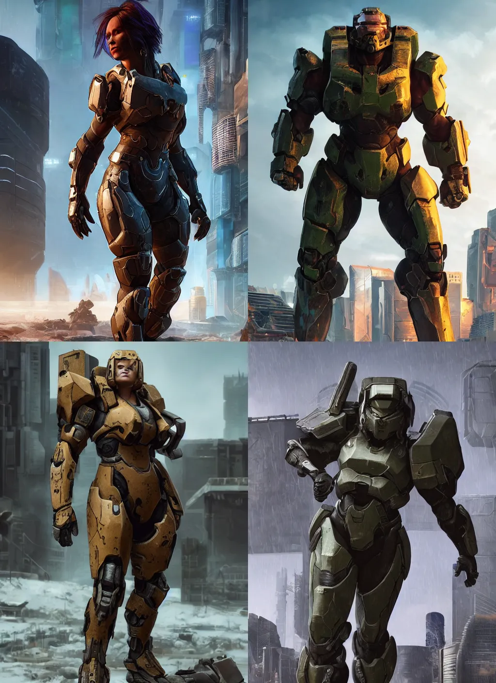 Prompt: a beefy bulky female warrior walking in a cyberpunk wasteland facing the camera, mjolnir armor from halo infinite without a helmet!!!!!!!!!, intricate, female face features!!!!!!!!!!!!!!!!!!!!, 8K, octane render, Digital painting, concept art, illustration, sharp focus, centered, good value control, realistic shading, rational painting, raining, rubber undersuit