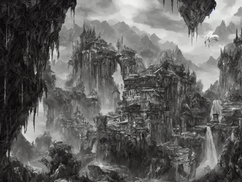 Prompt: impressive concept art of crooked ancient town, artstation, ink, black white, hills, waterfall, river, dominating palace with white walls on top of the hill