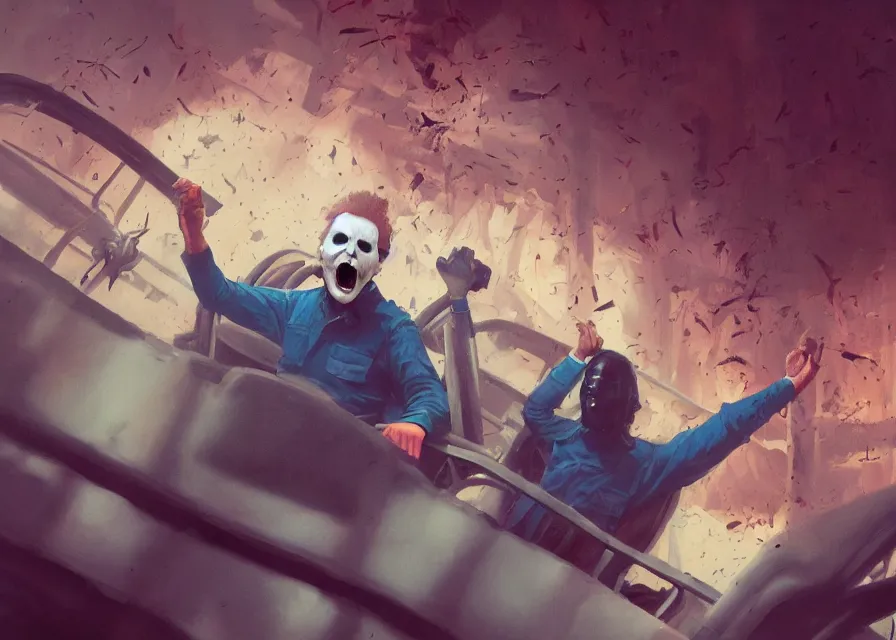 Image similar to painting of Michael Myers having fun in a roller coaster, sharp focus, wide shot, trending on ArtStation, masterpiece, by Greg Rutkowski, by Ross Tran, by Fenghua Zhong, octane, soft render, oil on canvas, colorful, cinematic, environmental concept art