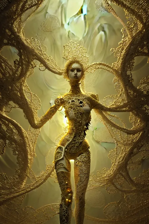 Image similar to intricate hyper detailed ultra sharp 3 d render, unity of mood, biomechanical cyborg ladies dancing, atmospheric, foliage, fractal, flowing, white large pore fungi, cyberpunk art nouveau, haute couture alexander mcqueen leaves stems dahlia blooming transparent fractal filigree roots, intricate details, octane render, volumetric cinematic lighting, natural beautiful light, yellow infrared, lumiol, 8 k,