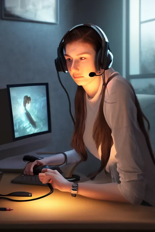 Image similar to gamer girl playing a game on her computer, portrait shot of her face lit up by the monitor, wearing gaming headset, hyperrealistic, trending on artstation, intricate detail, dark atmosphere, dynamic lighting