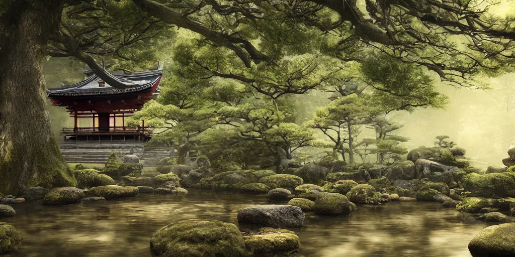 Image similar to a ancient japanese temple in the middle of a forest mear a small river, extremely highly detailed, high quality, 8K HDR, octane render, unreal engine 5, hyperrealistic, concept art, trending on Artstation, dramatic lighting, cinematic, high coherence, path tracing, ruins, clouds in the sky, singular building, centered