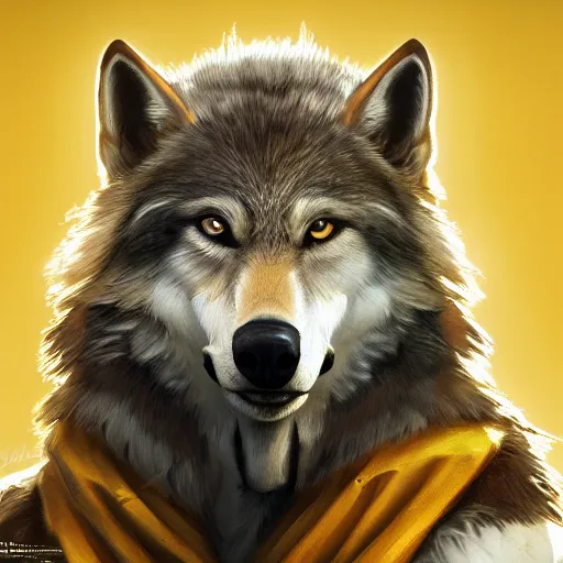 Image similar to portrait of young wild arabian nomad half wolf, with yellow cloths, league of legends splash art, hearthstone splash art, full body shot, rule of thirds, ultrafine hyperrealistic detailed face, artgerm, greg rutkowski, trending on artstation, 8 k, intricately detailed, highly detailed