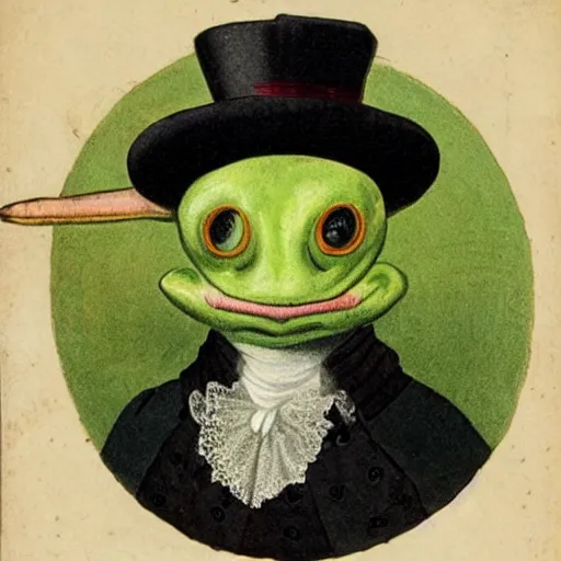 Prompt: a 1 7 th century portrait of a green axolotl reptile wearing a fancy top hat and a monocle.