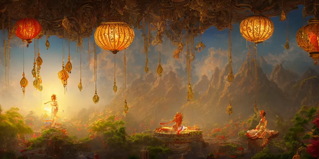 Image similar to painting of a god of wind enjoying his ornate heavenly palace, decorated with windchimes and paper lanterns, stunning nature in background, cinematic, 8 k, hyper detailed, digital art trending on artstation