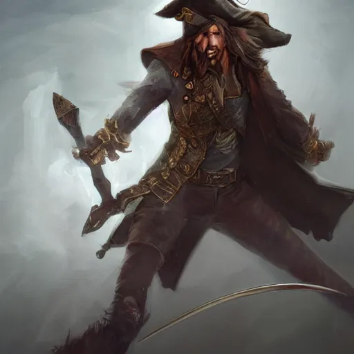 Prompt: Full body shot of pirate Captain wielding a sandstone rapier and sandstone dagger. Wearing a hat with an impressive feather and with a brutal scar across his neck. Dark magic, necromancy, dark lighting, flux. High fantasy, digital painting, HD, 4k, detailed by Ruan Jia