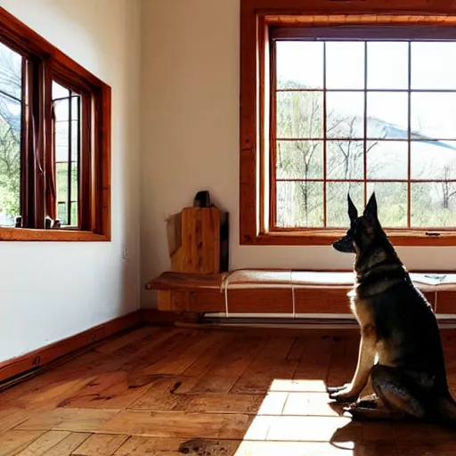 Prompt: low - angle photo from 2 0 feet distance. a german shepherd puppy sits on the sofa near a bay window in a small cozy kitchen. in front of the sofa is a kitchen table made out of wood. there are lots of art hung on the walls. the puppy waits patiently while looking outside on a warm and sunny day. muted colors, bill watterson, illustration