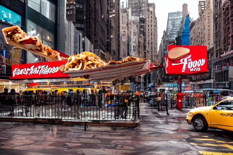 Image similar to commercial photography cinematic wide shot of fastfood falling down on the streets of new york, it's raining food