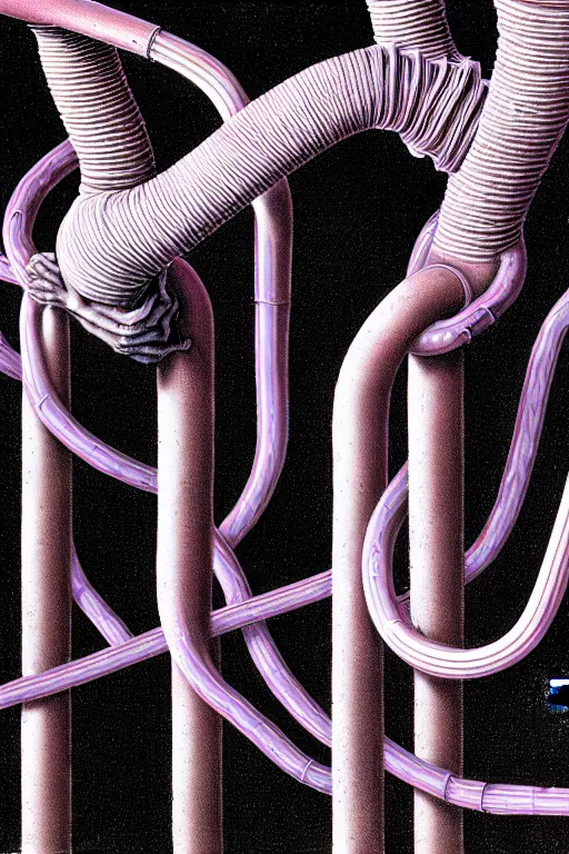 Prompt: tangled grey pipes and hoses which resemble human limbs by thomas ligotti and wayne barlowe