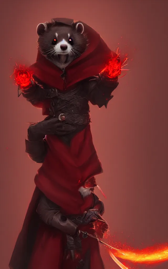 Image similar to a anthropomorphic ferret is a dark warlock dressed red robes, he's very menacing and evil, hyperdetailed, artstation, cgsociety, 8 k