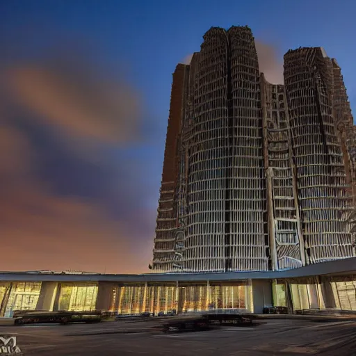Image similar to a wide shot of a sci - fi beautiful neo - brutalist monumental multi - building structure, tall brutalist facilities with spaceship parking lots on top, with many rounded elements sprouting from the base tower creating a feel of an organic structure, photography shot at blue hour