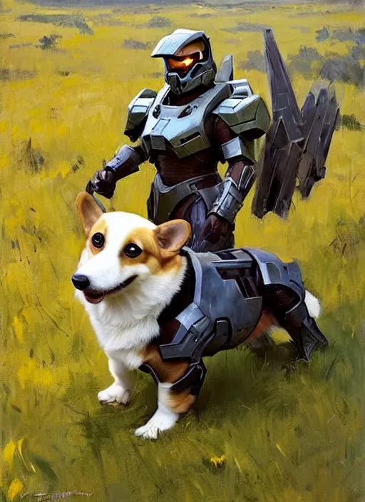 Image similar to Greg Manchess painting of a Corgi wearing Forerunner Armor from Halo, countryside, calm, fantasy character portrait, dynamic pose, above view, sunny day, artwork by Jeremy Lipkin and Giuseppe Dangelico Pino and Michael Garmash and Rob Rey, very coherent asymmetrical artwork, sharp edges, perfect face, simple form, 100mm