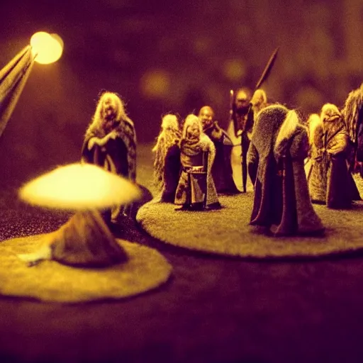 Prompt: needle felt action shot of the council of the ring, lotr, dramatic lighting, creepy, dslr, tilt shift, extremely textured, realistic hyper detailed