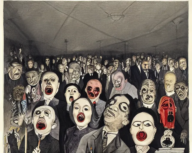 Image similar to the horror of beaurocracy, papers, horror, desks, office, waiting, stress, frustration, anger, crowded, harsh cinematic lighting, high qulity, 4 k, by charles addams and hilma af klint and affandi
