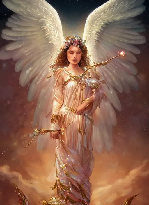 Image similar to A beautiful digital painting of a female angel full of jewels, princess, the moon behind her, intricate, cinematic lighting, highly detailed, digital painting, Artstation, concept art, smooth, sharp focus, illustration, art by Tom Bagshaw, Artgerm and Greg Rutkowski