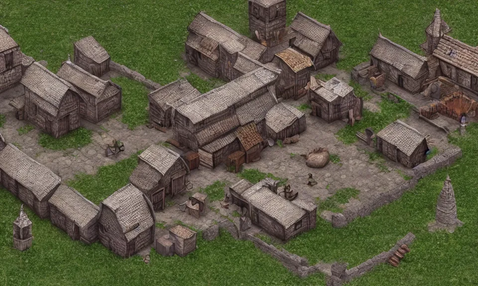 Prompt: Isometric 3D model of a medieval village, highly detailed, Unreal Engine, Blender, 4K