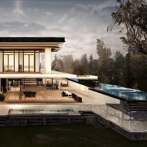 Prompt: Contemporary house in the style of The Elder Scrolls V, 2 story contemporary house, white material, glass doorway, infinity pool party, atmospheric lighting, painted, intricate, volumetric lighting, beautiful, golden hour, sharp focus, ultra detailed, by Leesha Hannigan, Ross Tran, Thierry Doizon, Kai Carpenter,Ignacio Fernández Ríos