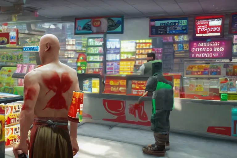 Prompt: agent 4 7 ordering a slurpee at 7 1 1, ps 5 god of war screenshot