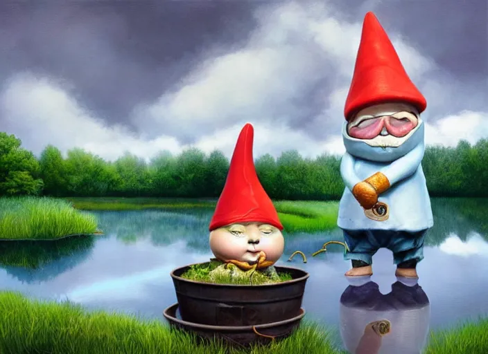 Image similar to a garden gnome sailing in a bucket, background of a reflective pond on a sunny day with dramatic clouds, an ultrafine detailed painting by mark ryden, trending on deviantart, pop surrealism, whimsical, lowbrow, joyous, perfect symmetrical face