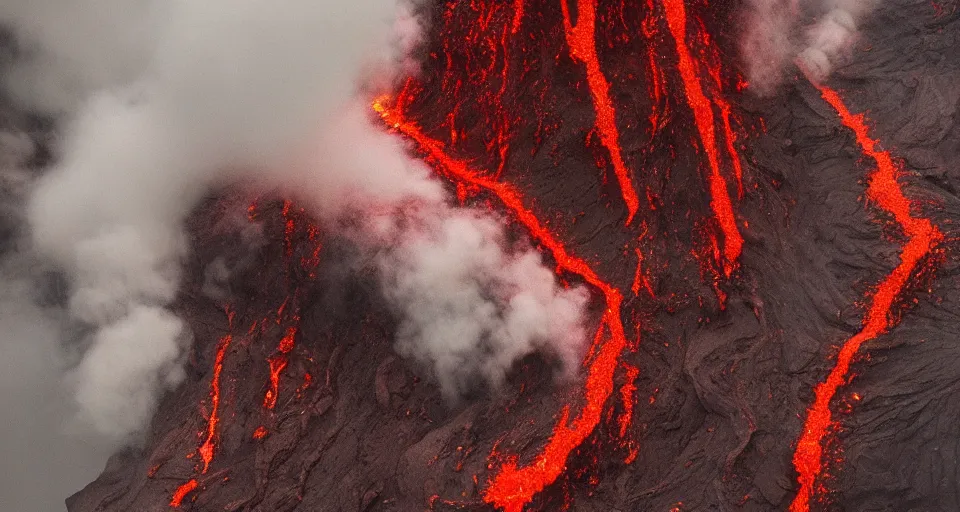 Image similar to a volcano made of ivory vines and crimson rocks enters in eruption, it spits a smoke in the shape of demonic eye, by Dan Witz