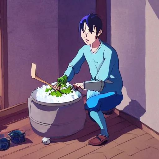 Image similar to concept art painting of an young man with blue skin, in a medieval living room, cooking rice, cel shaded, in the style of makoto shinkai and and studio ghibli