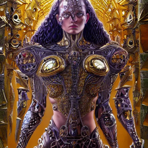 Image similar to a beautiful symmetrical muscular body wearing an armor made of golden ornaments and gems by alex gray and android jones , Karol Bak, Ayami Kojima, Amano , 3D, 8k resolution