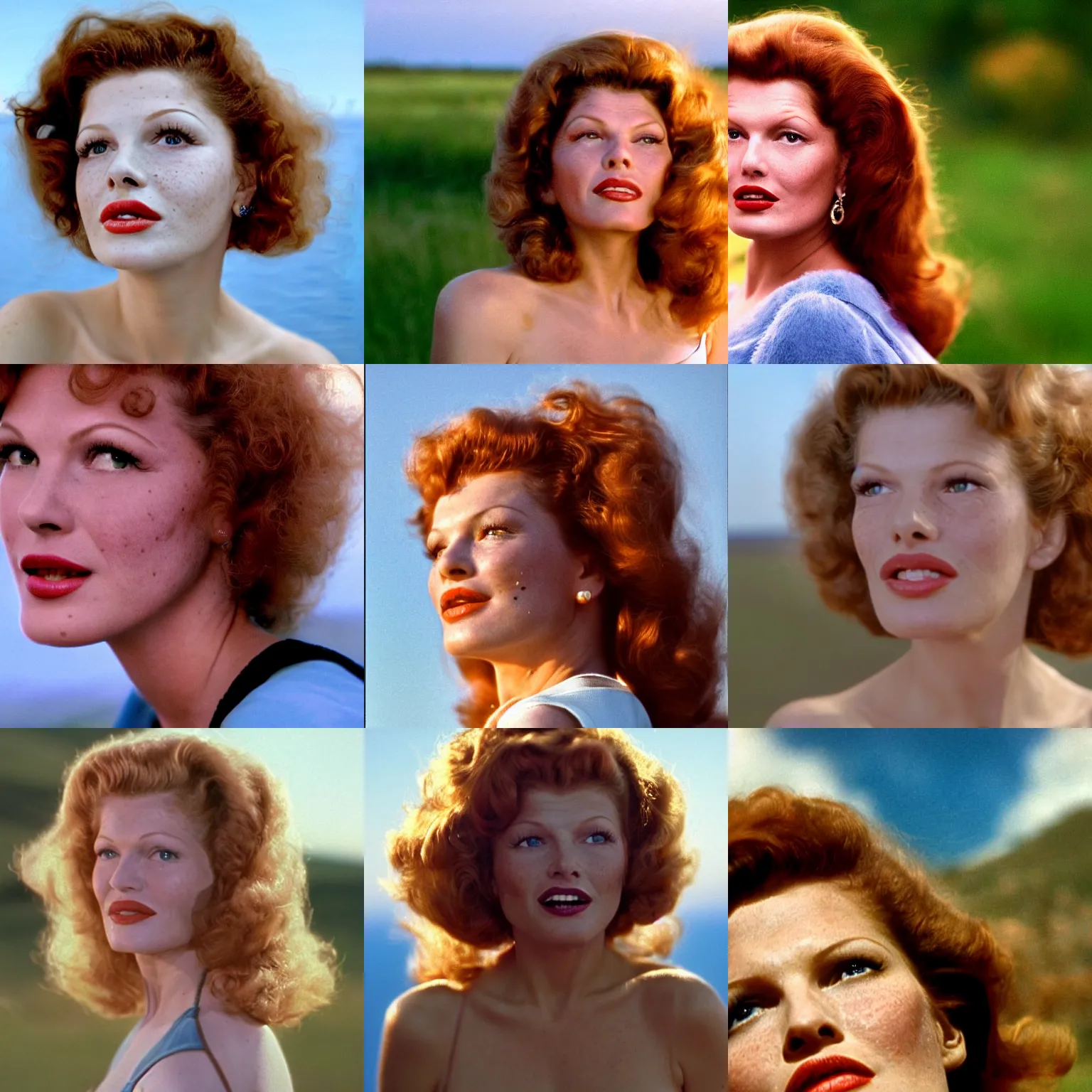 Prompt: natural 8 k close up shot from a 2 0 0 5 romantic comedy by sam mendes of rita hayworth with no makeup, freckles, natural skin, beauty spots and small lips. she stands and looks on the horizon with winds moving her hair. fuzzy blue sky in the background. small details, natural lighting, 8 5 mm lenses, sharp focus
