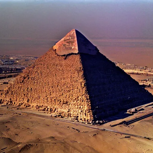 Prompt: an aerial photograph of the great pyramid of giza at the early stages of construction with heavy scaffolding in place, the top of the pyramid has not been built and is not visible, dslr