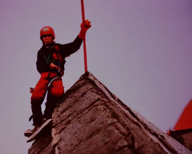 Image similar to lomo photo of basejumpers climbing on roof of soviet hrushevka, small town, cinestill, bokeh, out of focus