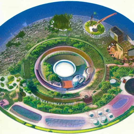 Image similar to inside of an o'neil cylinder space colony. an aerial view of a town with a lake and a river inside the colony