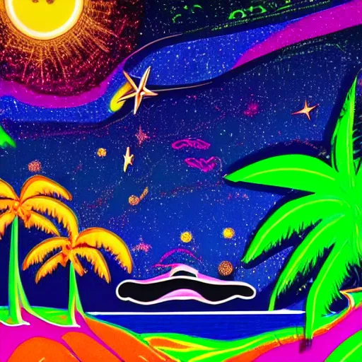 psychedelic island with neon palm trees comets flying | Stable ...