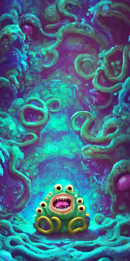 Image similar to of a colorful deep sea cave with strange cute friendly happy creatures with huge eyes, mouth, long tongue and round teeth appearing from sandy coral, in the style of gehry and gaudi, macro lens, shallow depth of field, ultra detailed, digital painting, trending artstation, concept art, illustration, cinematic lighting, photorealism, epic, octane render