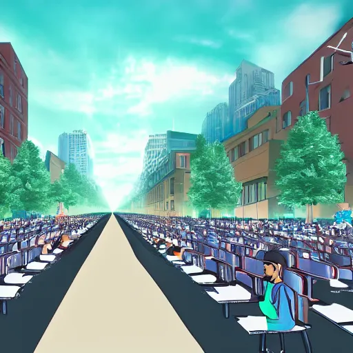 Image similar to people sitting in rows of school desks in the middle of a city street, first person view from back row, dreamy atmosphere, high quality digital art