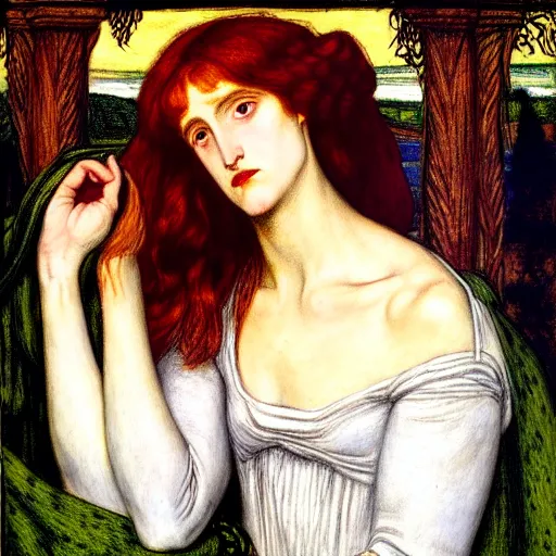 Prompt: The Sorrowful Qween Gwyneth by Dante Gabriel Rossetti, oil on canvas, realist quality