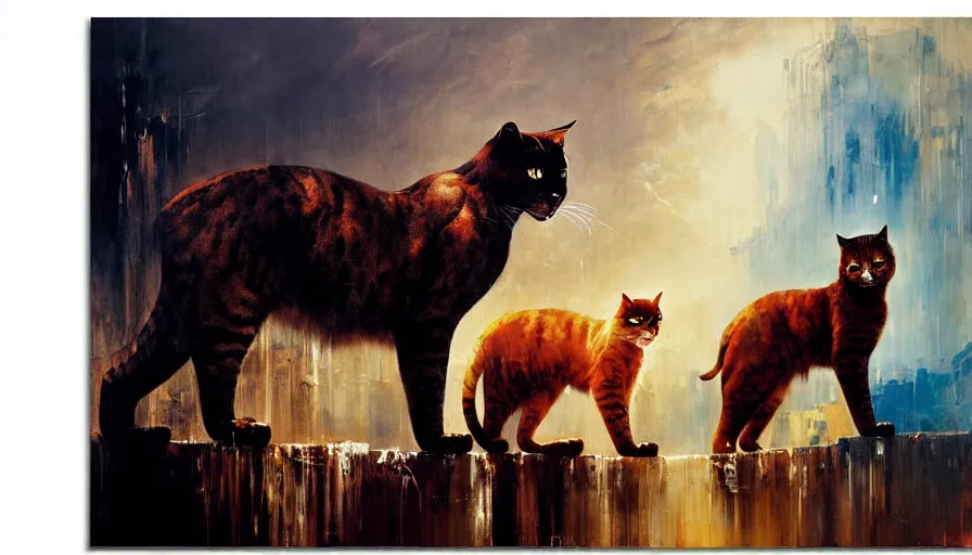 Image similar to contemporary semi abstract acrylic painting of really tall cats by william turner, by greg rutkowski, kessler art, thick brush strokes and visible paint layers