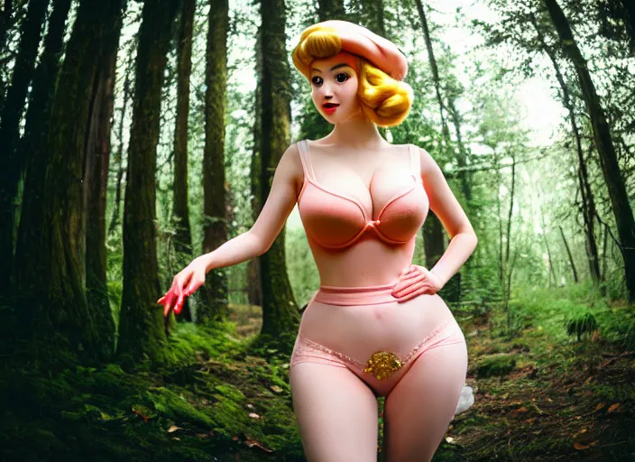 Prompt: intricate real life princess peach, tight push up bra, large bust, forest, cinematic, aesthetics, full pov