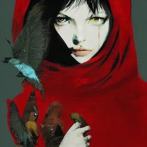 Prompt: portrait of a daydreaming melancholic latin woman in red monk habit being progressively rasterized into pixels from another world, she is surrounded by digital birds, oil on canvas by yoji shinkawa, esao andrews, dave mckean and stina persson