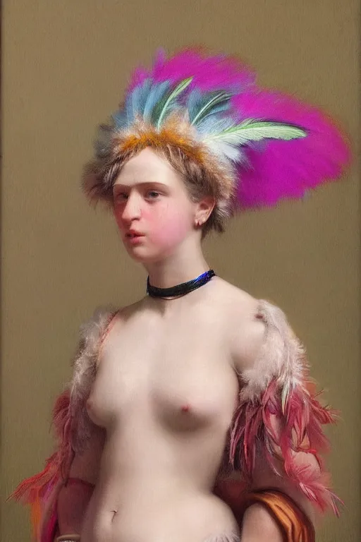 Prompt: a character wearing a feather costume with fluo colored details, muted colors, neoclassicism, hyper real painting