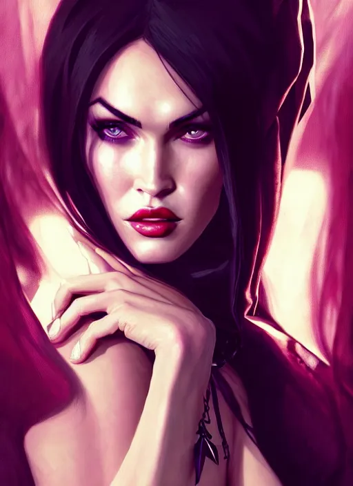 Prompt: portrait of megan fox as a sexy sultry evil vampire queen, jewelry, greek, dark, intricate, headshot, key visual, conceptart, ambient lighting, highly detailed, digital painting, artstation, concept art, sharp focus, by makoto shinkai and akihiko yoshida and greg manchess