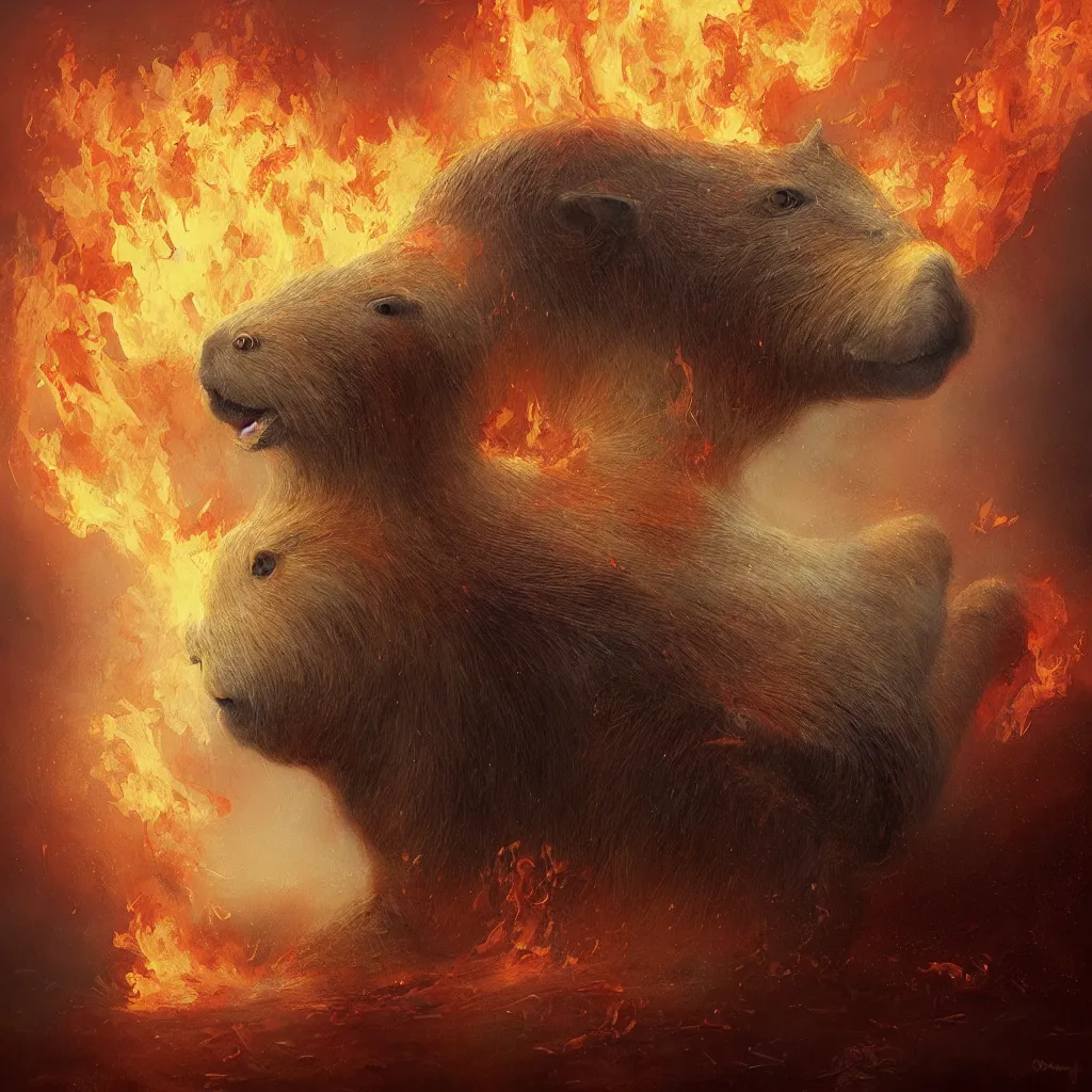 Image similar to only one singular capybara engulfed in flames, wetlands as background, digital oil painting in the style of Tom Bagshaw, Cedric Peyravernay, Peter Mohrbacher