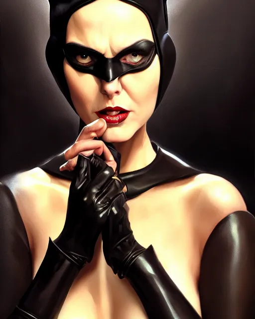 Prompt: medium - shot oil portrait of catwoman played by michael keaton, artstation, highly detailed digital painting, smooth, global illumination, fantasy art by greg rutkowsky, karl spitzweg, leyendecker