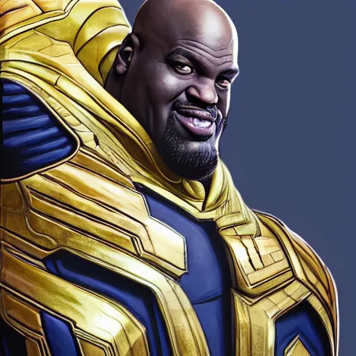 Prompt: portrait of Shaquille O\'Neal as Thanos, elegant, intricate, headshot, highly detailed, digital painting, artstation, concept art, sharp focus, illustration, art by artgerm and greg rutkowski and alphonse mucha