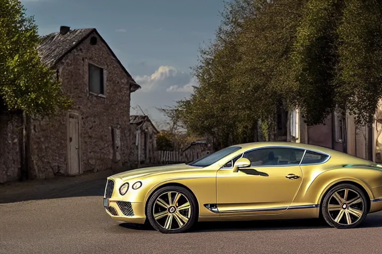 Image similar to Bentley Continental GT in shiny gold film drives along old Russian village road with houses houses around the edges