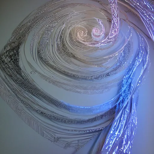 Prompt: a hyper real ultra detailed intricate concept art of interlaced ribbons of light spiralling up into the sky, made out of paper, paper craft, handmade