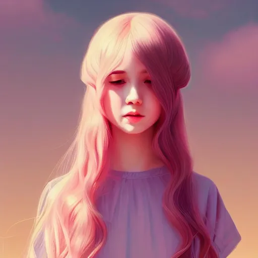 Image similar to young girl in summer dress art, pastel light pink long hair, muted colors, matte print, pastel colors, ornate, digital art, digital painting, fan art, elegant, artstation, head is centered, by Ilya Kuvshinov