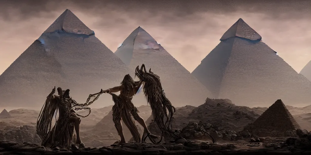 Image similar to Photorealistic epic intricate detailed dark wizard with arms outstretched, casting spells in front of an ominous Egyptian pyramid. a gentle rising mist, an epic rocky landscape. Art Nouveau, occult photorealism, UHD, amazing depth, glowing, golden ratio, 3D octane cycle unreal engine 5, volumetric lighting, cinematic lighting, cgstation artstation concept art