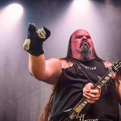 Prompt: Tomas Haake with 6 arms, playing heavy metal drums