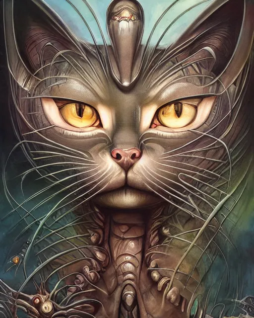 Image similar to chesire cat, by antonio j. manzanedo, giger, alex grey, android jones, wayne barlowe, philippe druillet, raymond swanland, cyril rolando, josephine wall, harumi hironaka, trending on artstation